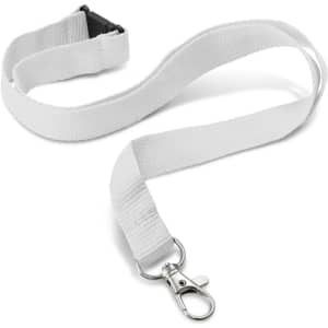 A white lanyard with a metal clip and a breakaway buckle. The lanyard measures 16mm in width and features a flat design.