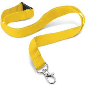 A custom printed lanyard in bright yellow color, measuring 16mm in width, features a clip for attaching items.