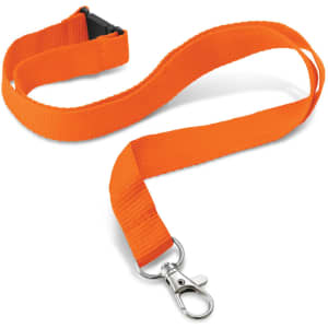 An orange lanyard with a clip at one end and a plastic buckle on the other. It has a logo on the fabric.