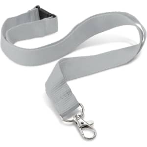 A custom printed lanyard, 20mm wide, featuring a light gray color and a metal clip for attachment.
