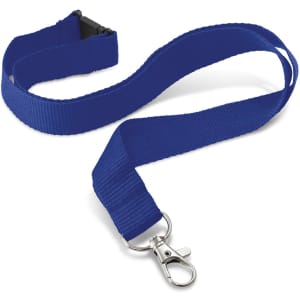 A custom printed 20mm blue lanyard with a clip for attachments.