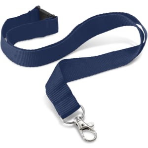 A navy blue custom printed lanyard measuring 20mm wide with a metal clip for attachments.