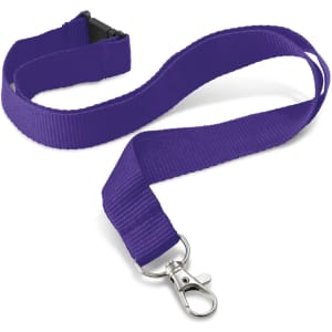 A custom printed lanyard in a vibrant purple color, 20mm wide, featuring a silver metal clip for attaching items.