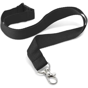 A black 20mm custom printed lanyard with a metal clip for easy attachment.