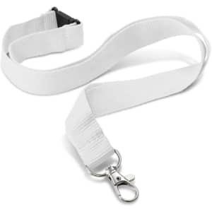 A white custom printed lanyard with a metal clip and an adjustable buckle, featuring a simple design.