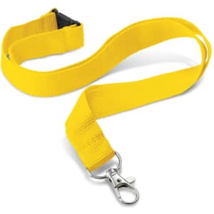 A custom printed lanyard in bright yellow, measuring 20mm in width, featuring a metal clip for attachments.