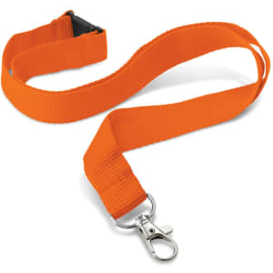 An orange 20mm custom printed lanyard featuring a metal clip for attachments.