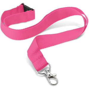 A custom printed lanyard in vibrant pink, measuring 20mm in width, with a clip for attaching items.