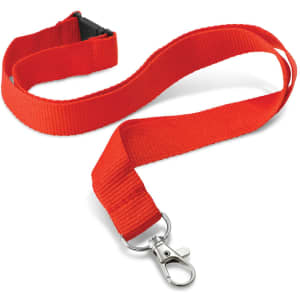 A bright red custom printed lanyard made from durable material with a metal clip and plastic buckle.