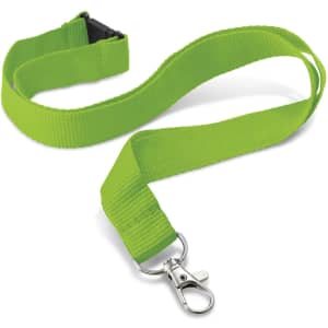 A bright green custom printed lanyard with a clip and a plastic buckle.