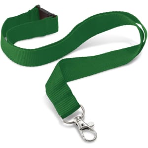 A green 20mm custom printed lanyard with a metal clip for attaching ID cards or keys.