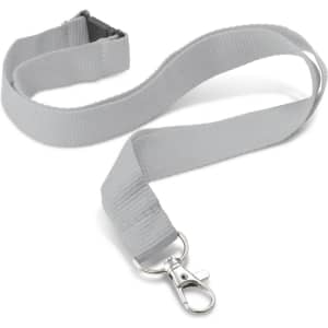 A grey custom printed lanyard featuring a clip for attachment and a plastic buckle.