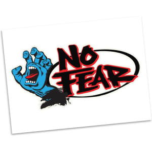 A temporary tattoo featuring a blue hand reaching out with the phrase "No Fear" in bold red letters.