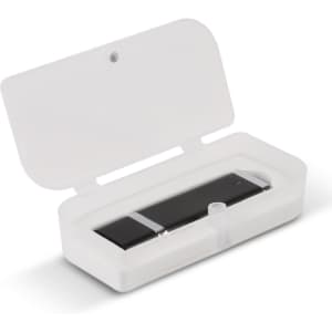A Quadra 4GB Flash Drive in a transparent case. The drive is compact and features a sleek black design.