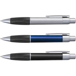 Three metallic pens in silver, blue, and black, each featuring a comfortable grip and a clip for easy attachment.