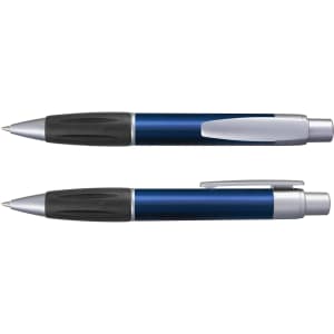 A metallic blue pen with a black grip and silver accents, featuring a logo on its body.