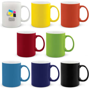 A collection of eight coffee mugs in white, yellow, orange, red, green, blue, black, and featuring a logo on one mug.