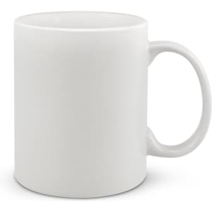 A coffee mug in a plain white design, featuring a smooth surface and a comfortable handle.