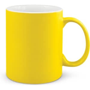 A bright yellow coffee mug with a smooth finish and a sturdy handle.