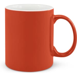 A coffee mug in a vibrant orange color with a smooth finish and a comfortable handle. The interior of the mug is white.