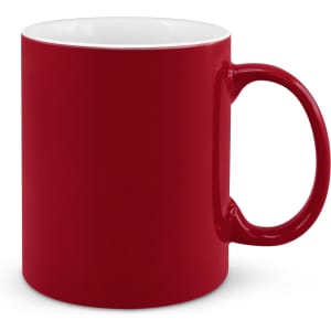 A red coffee mug with a glossy finish and a sturdy handle.