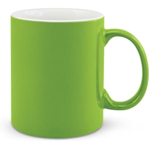 A green ceramic coffee mug with a glossy finish and a standard handle.