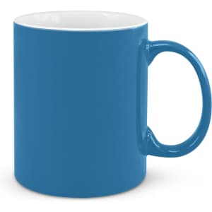 A coffee mug in a vibrant blue color with a white interior and a round handle.
