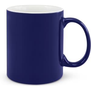 A coffee mug in a deep navy blue color with a white interior and a sturdy handle.