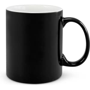 A coffee mug featuring a sleek black exterior with a contrasting white interior.
