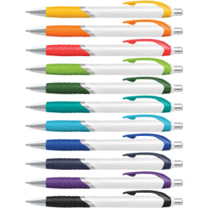 A collection of plastic pens with white barrels and various coloured grips, featuring a logo on each.