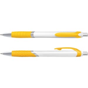 A plastic pen with a white barrel and yellow grips, featuring a silver clip and accents. It has a logo on the barrel.