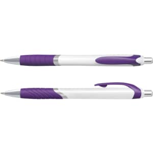 A plastic pen with a white barrel and purple accents, featuring a comfortable grip and silver clip.