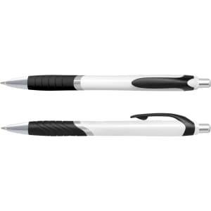 A plastic pen with a white barrel and black accents, featuring a sleek design and a shiny clip.