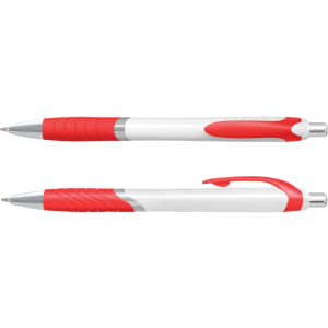 A plastic pen set featuring a white barrel with red accents and grips, including a clip on one pen.