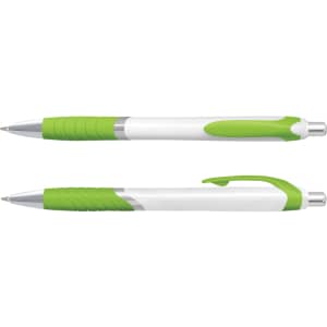 A plastic pen featuring a white barrel with green grip and accents. The pen has a sleek design suitable for writing.