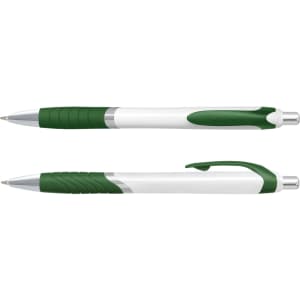 A plastic pen with a white barrel and green accents, featuring a grip and clip. Some branding is visible.