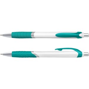 A white barrel plastic pen with a teal grip and accents, featuring a smooth writing tip and a push mechanism.