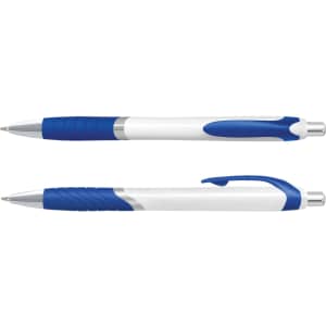A pair of plastic pens with white barrels and blue accents, featuring a textured grip and a clip.