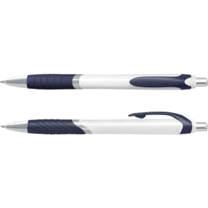 A plastic pen with a white barrel and navy blue accents, featuring a grip and a clip. Includes a logo.