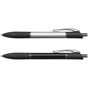 Two metal pens, one silver with a black grip and clip, and one black with a similar design. Each pen has a logo.