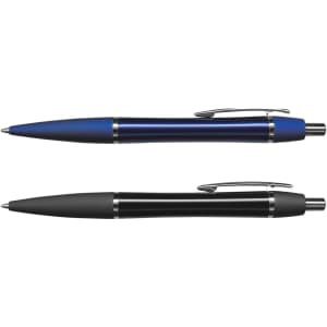 Two metal pens, one with a blue finish and the other in a black finish, both featuring silver accents and clips.
