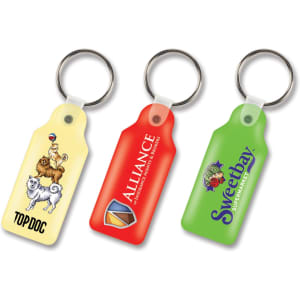 Three rectangular flexi resin key rings in yellow, red, and green, each with a different logo design.