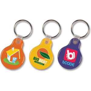 A round, colourful flexi resin key ring in orange, yellow, and purple, featuring various logos.