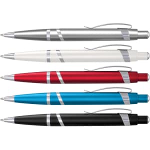 A range of Athena Pens in silver, white, red, blue, and black, featuring a sleek design and a branding logo.