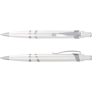 A white plastic pen with silver accents, featuring a clip and a smooth writing tip, plus an additional view of the same pen.