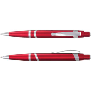 A red plastic pen with silver accents, featuring a clip and a tip, displayed from two angles. It has a logo.