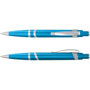 A blue plastic pen with silver accents, featuring a sleek design and a clip for easy attachment.