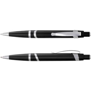 A black plastic pen with silver accents and a clip, featuring a sleek design and a logo.