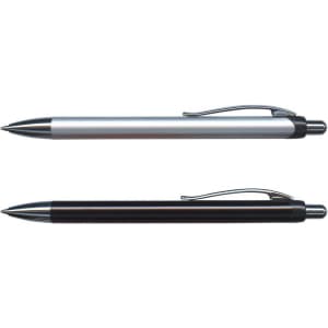 A silver metal pen and a black metal pen, both featuring a clip and smooth barrel design. Each has a logo.