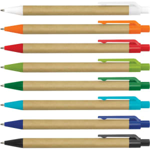 A selection of Kraft Pens in various colours, featuring a natural cardboard barrel and a logo.